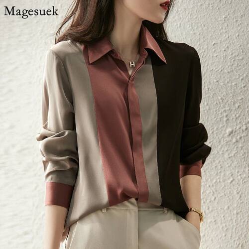 2025 Women Satin Button Blouse Autumn New Vintage Long Sleev