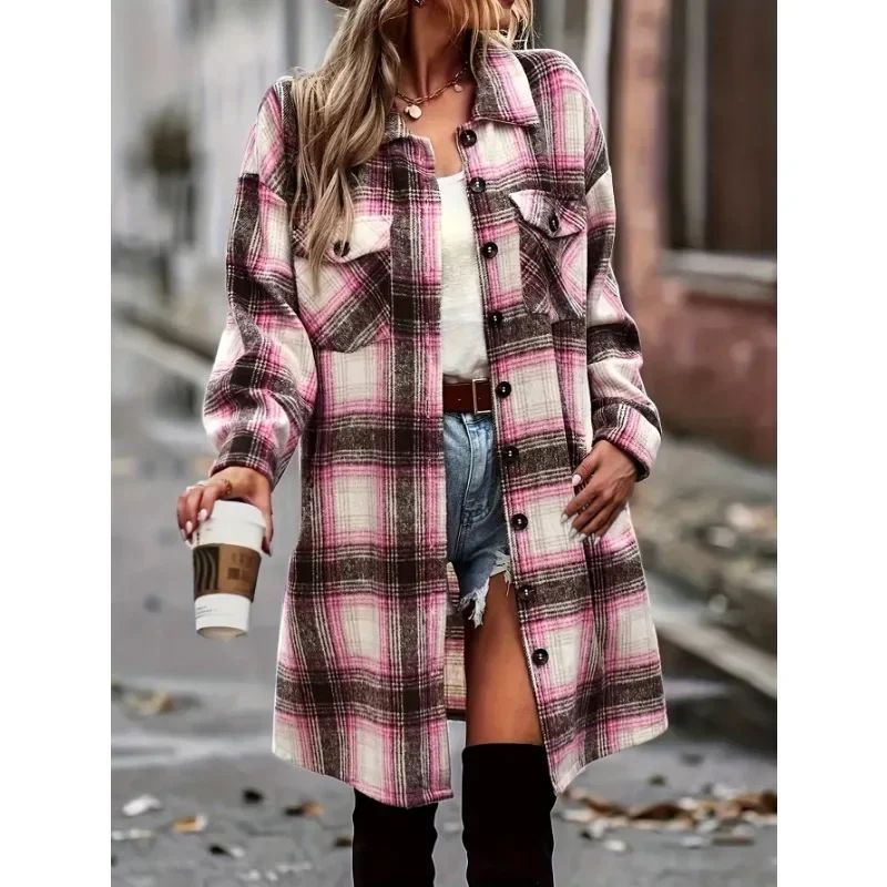 Plus Size Casual Plaid Coats Women Windbreaker Long Sleeve B