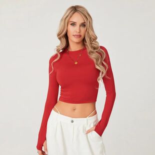 Top Women Solid Color T-shirts Crop Tops Autumn Clothes 2024
