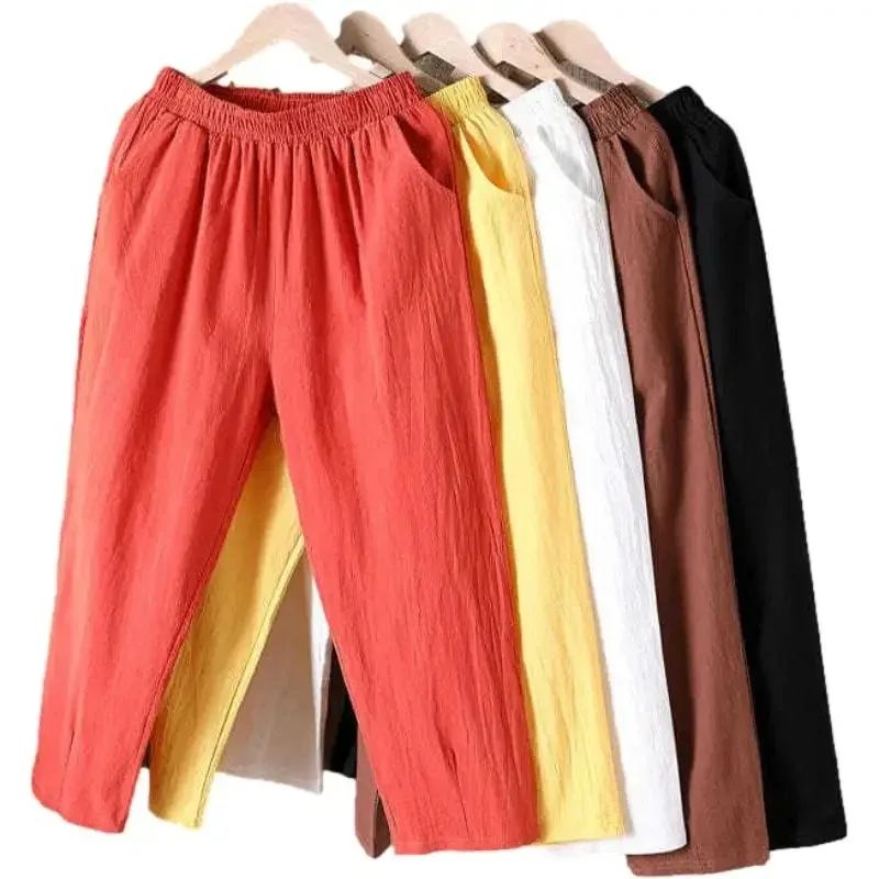 Women Summer Casual Loose Harem Elastic Waist Cotton Linen P