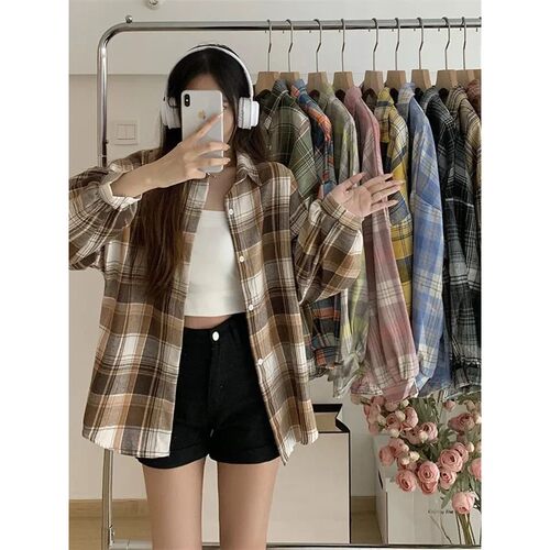 Plaid Shirt Women Autumn Long?Sleeve Top Female Vintage Fash