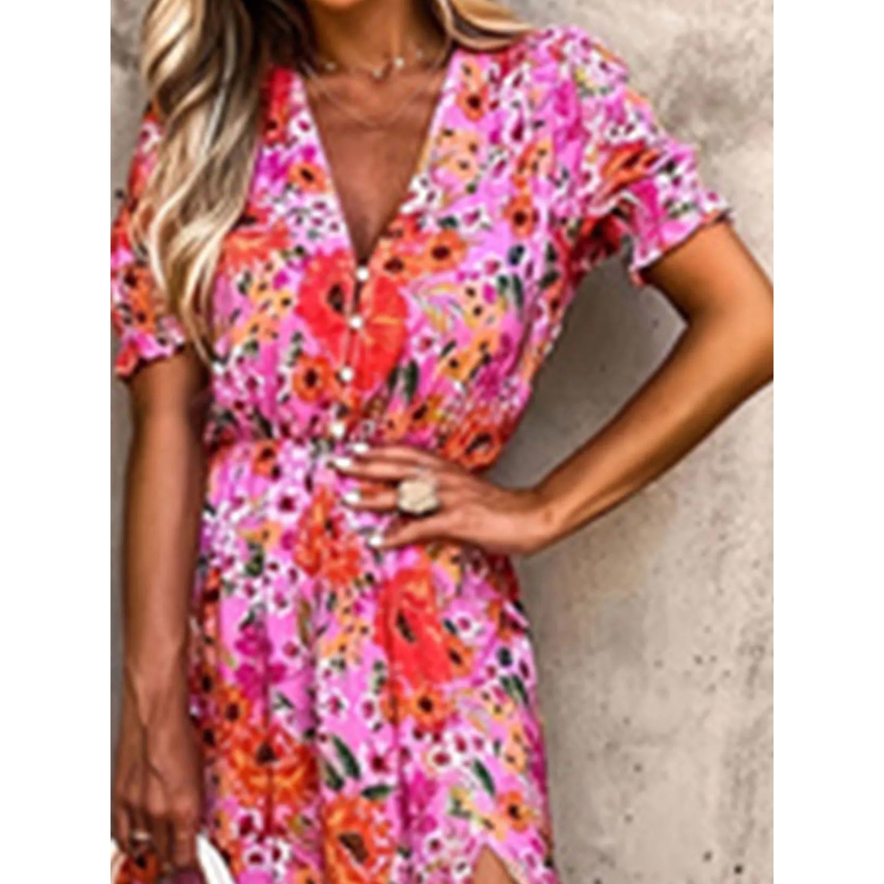 Plus Size Floral Print Slit Dress, Casual Surplice Neck Shor