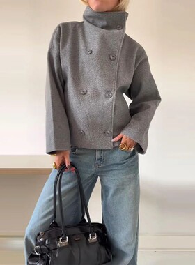 Solid Turtleneck Double-Breasted Pocket Coats Women Casual L