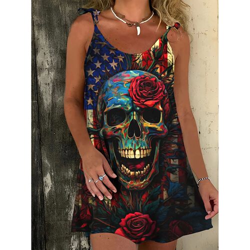 Women's Plus Size Independence Day Skull Print Cami Dress, C