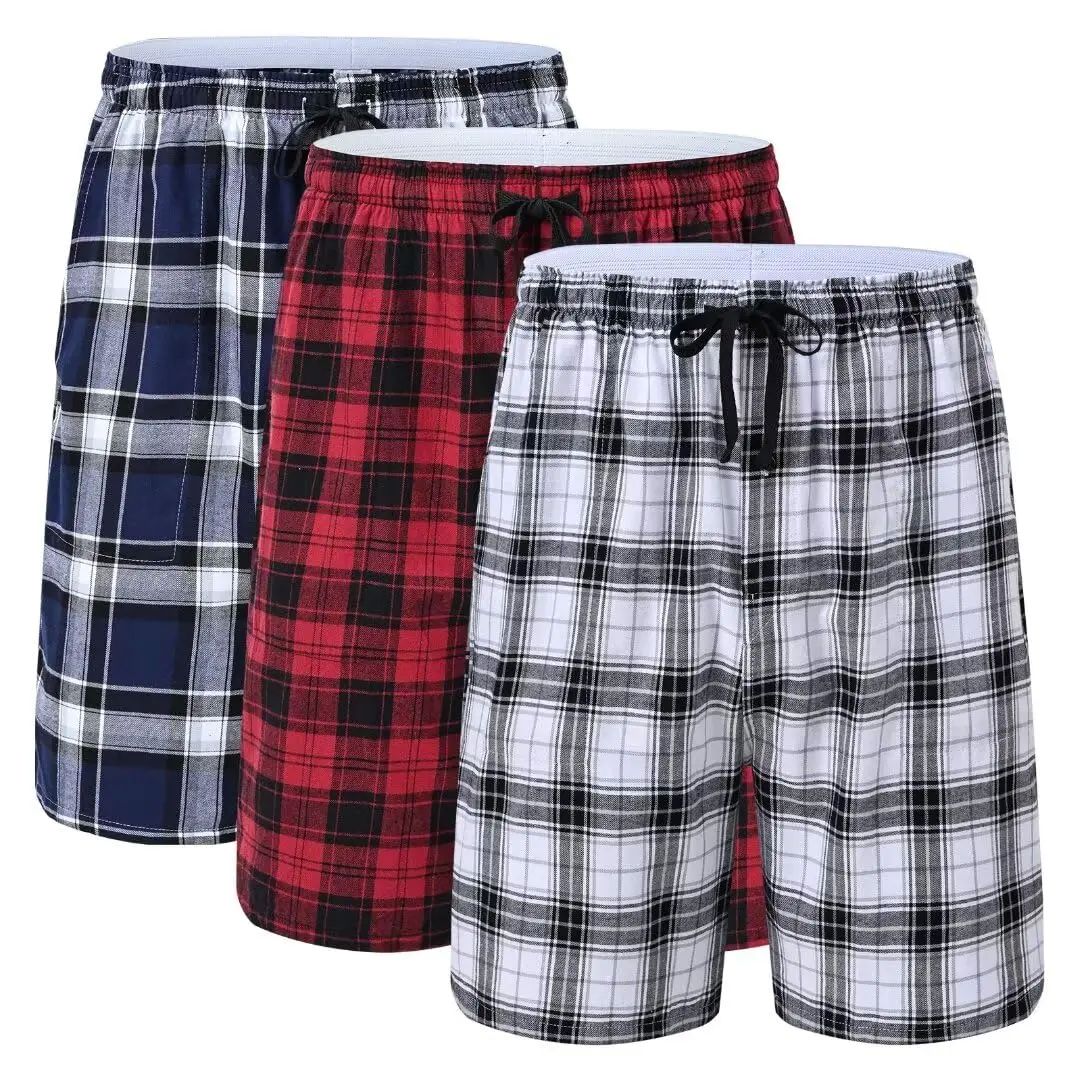 3Pcs Men's 100% Cotton Underwear Boxers Shorts Suit, Plaid P