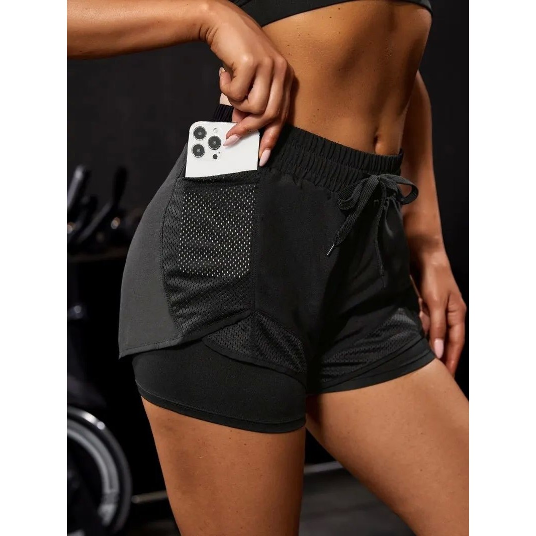Women's Elastic Sports Shorts, Shorts With Pockets, Fake Two