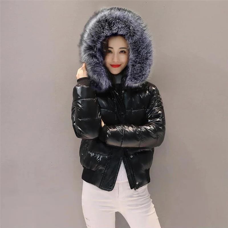 Fashion Bubble Coat Winter Big Fur Collar Glossy Short Jacke