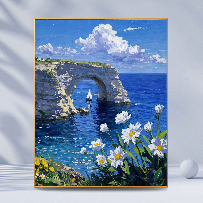 宝藏湾 数字油画diy蓝拱雏菊的咖啡香治愈填色多色填充数字画油画