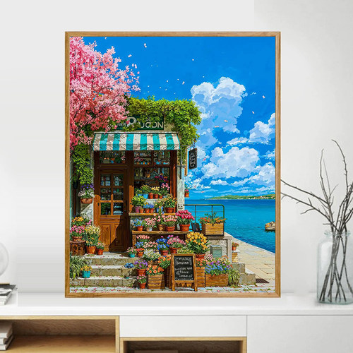 宝藏湾 diy数字油画海花春屋手工填充填色油画解压治愈西装饰挂画