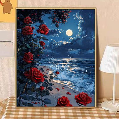 宝藏湾 数字油画diy玫瑰花海边手工填色油彩画治愈系装饰画数字画