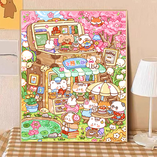 宝藏湾 数字油画diy小熊书咖填充绘画可爱油画填色数字画独家挂画