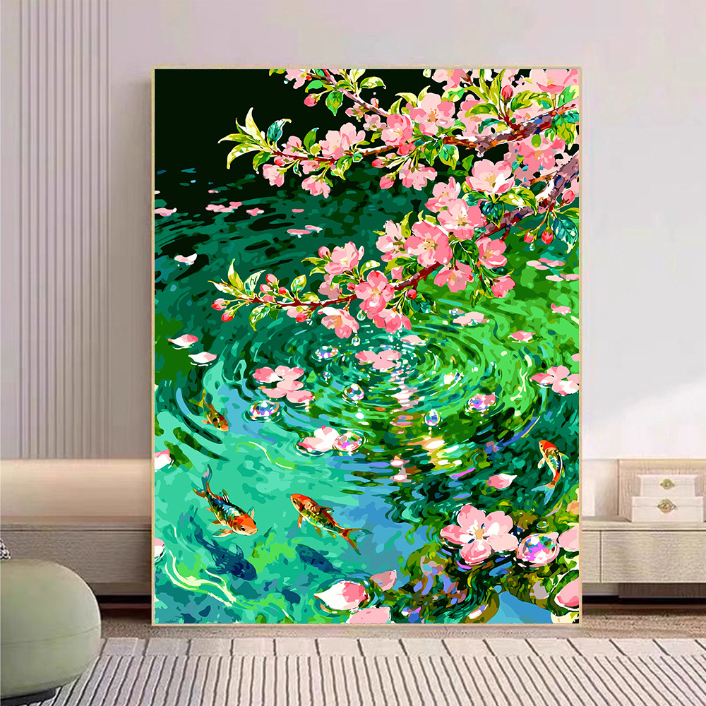 宝藏湾 数字油画diy春日鲤鱼池治愈肌理画填充油画高还原装饰画