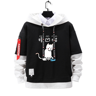 摸凹猫特务兔植物猪文字创意小众儿童装拼接连帽卫衣男女学生外套
