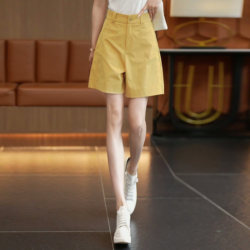 黄色西装五分裤女夏季薄款2025新款高腰显瘦小个子阔腿A字短裤夏