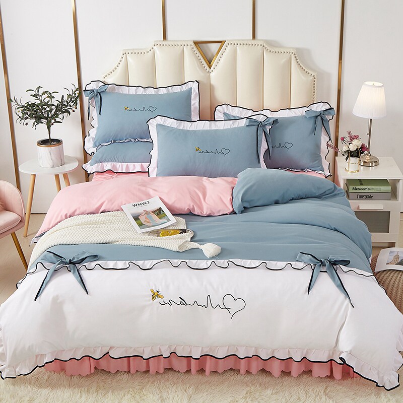 韩版少女心蝴蝶结蕾丝被罩床单四件套纯棉全棉床裙公主风床上用品