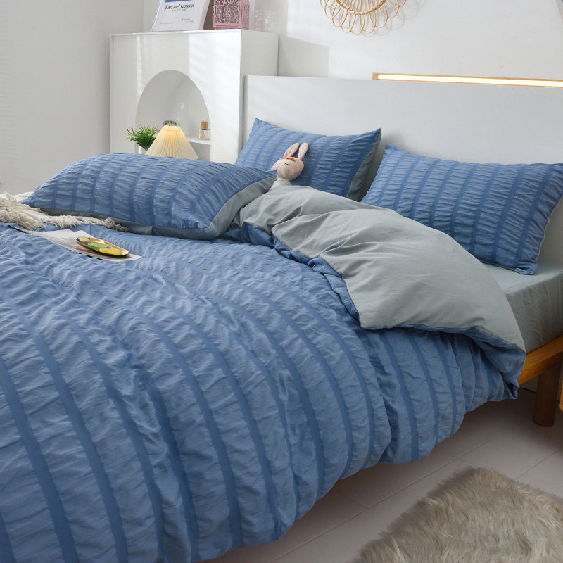 现代北欧风纯色简约水洗棉泡泡纱床单床笠式床上用品单双三四件套