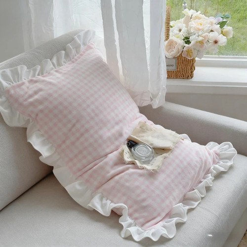 牛奶绒粉格枕套荷叶花边枕头芯套枕皮一只对装含芯加绒时尚抱腰枕