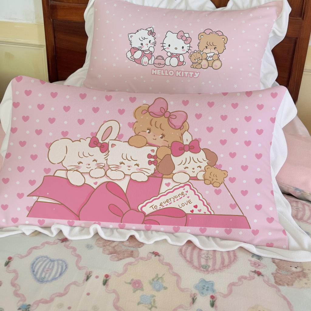 牛奶绒花边枕套卡通可爱原创萌宠床头靠枕芯套加厚双面绒粉少女心