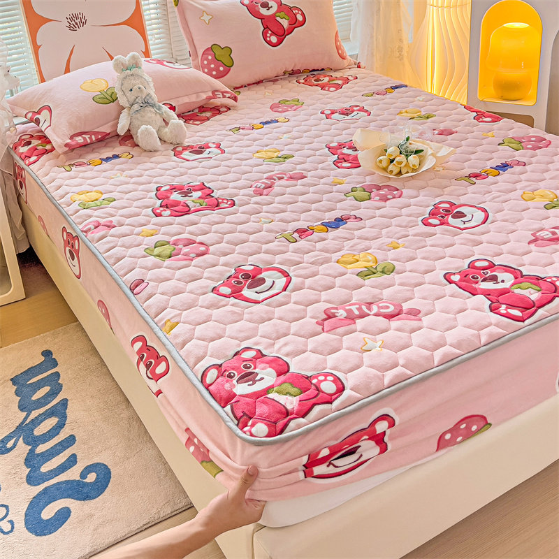 可爱卡通牛奶绒夹棉床笠三件套秋冬加厚高克重全包裹床垫罩保护套