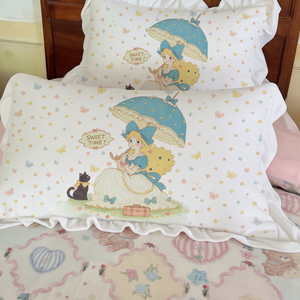 牛奶绒花边枕套加厚独家插画少女靠腰枕一只对装双面加绒枕芯头套