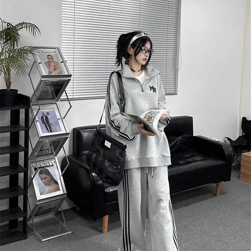 运动服套装女秋冬季韩版宽松大码加绒加厚今年流行休闲两件套跑步