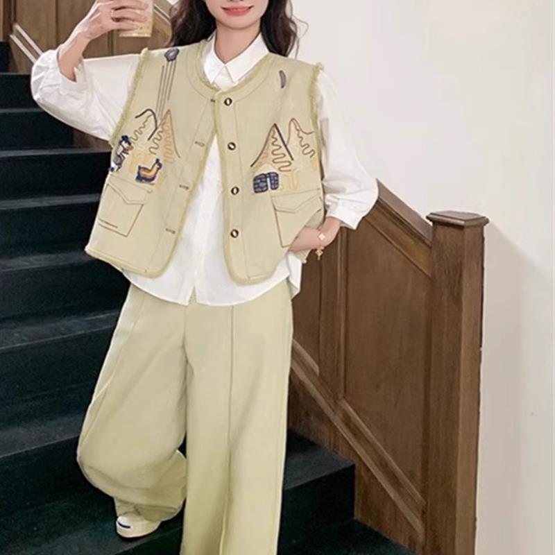 春装搭配一整套大码胖mm马甲衬衫阔腿裤韩系减龄高级叠穿三件套装