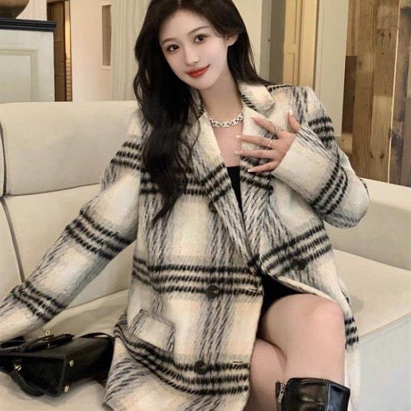 冬季穿搭高级感复古格子毛呢外套女秋冬中长款宽松休闲西装大衣服,女装/女士精品,时尚套装,淘宝优惠券,粉丝福利购,淘宝优惠卷