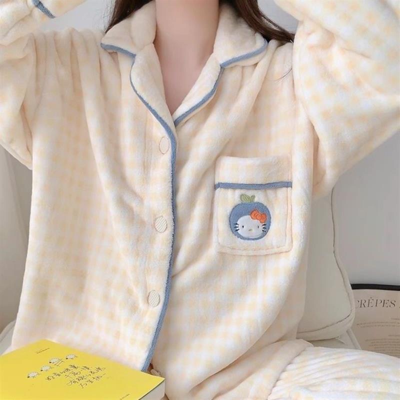 格纹kt猫珊瑚绒睡衣秋冬款女2024新款加厚法兰绒家居服可外穿薄绒