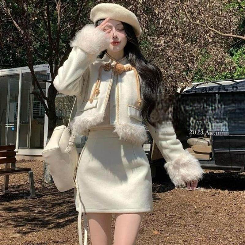 毛边立领短款毛呢外套女秋冬新中式国风套装包臀半身短裙子两件套