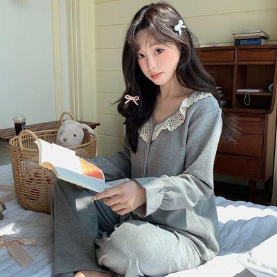 小个子睡衣女秋冬季长袖圆领蕾丝花边带胸垫简约纯色家居服可外穿