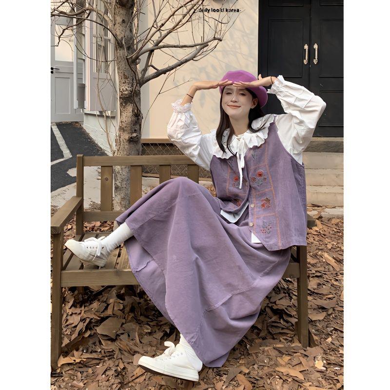 日系灯芯绒开衫马甲+娃娃领衬衫+半身裙2024秋季套装女