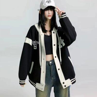 纯棉美式复古拼色棒球服外套女秋冬新款学院风宽松休闲连帽卫衣潮