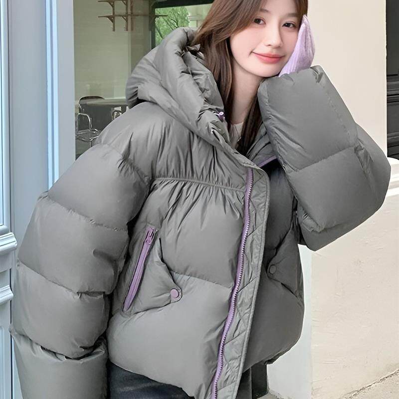 灰色设计感短款羽绒棉服女冬季新款双拉链韩版宽松加厚保暖面包服