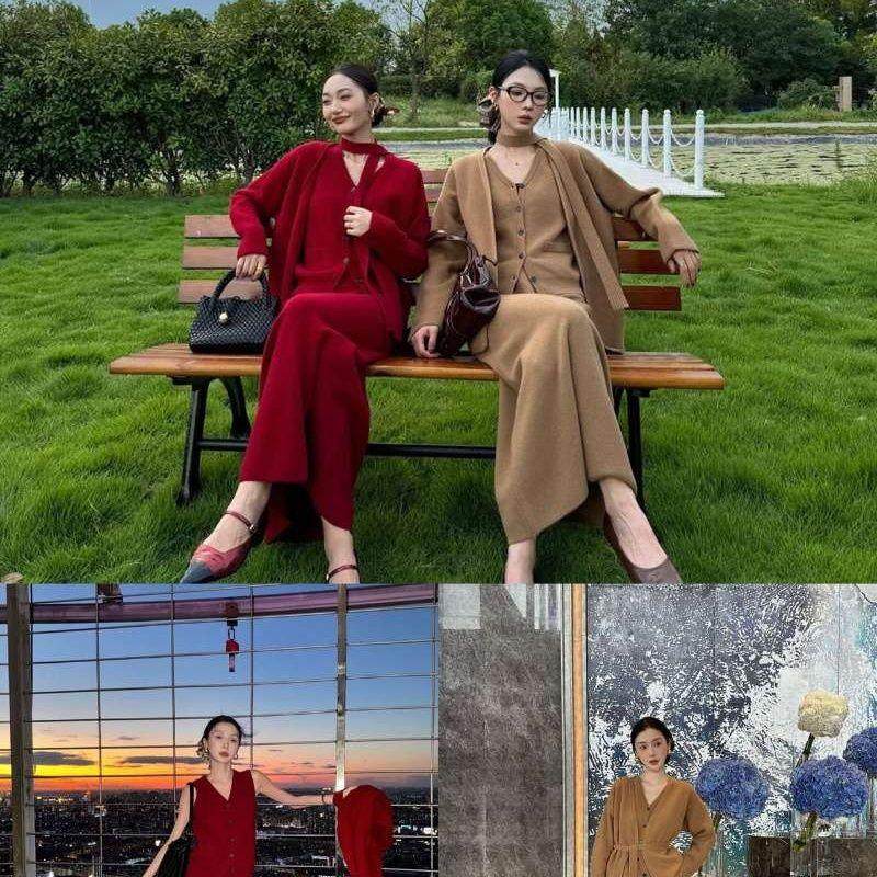 气质时尚高级洋气针织秋冬新款马甲套装慵懒开衫阔腿裤三件套针织,女装/女士精品,时尚套装,淘宝优惠券,粉丝福利购,淘宝优惠卷