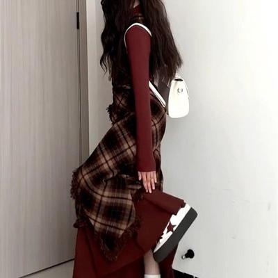 法式高级感红色格子连衣裙子女秋冬季2025新款小个子穿搭一整套装