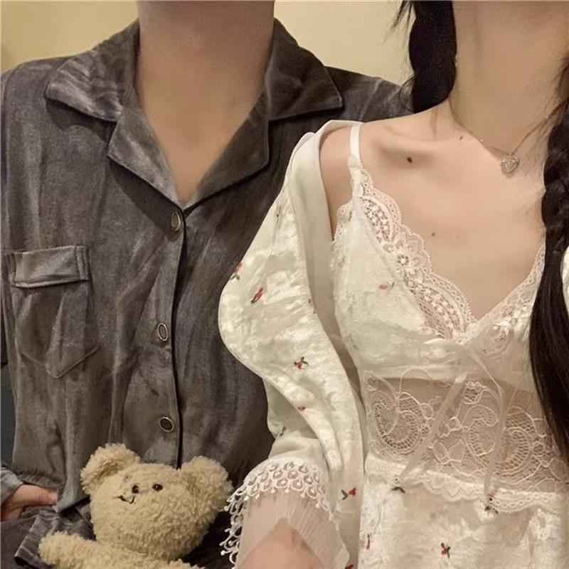 网红风2024秋冬甜美碎花樱桃女款丝绒简约男款长袖情侣睡衣家居服