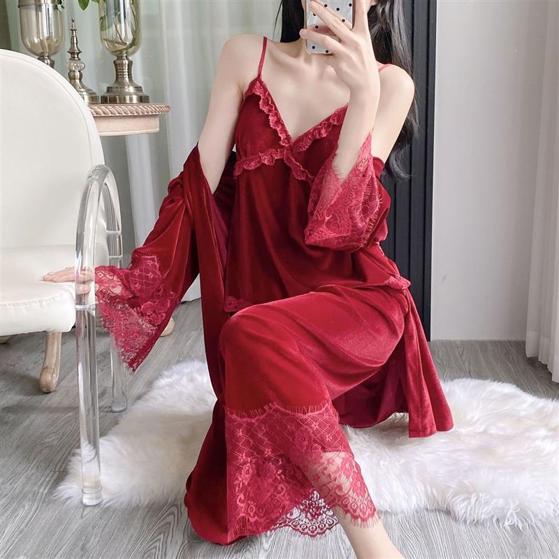 金丝绒睡衣女秋冬季性感新款三件套装带胸垫蕾丝高级感家居服睡袍
