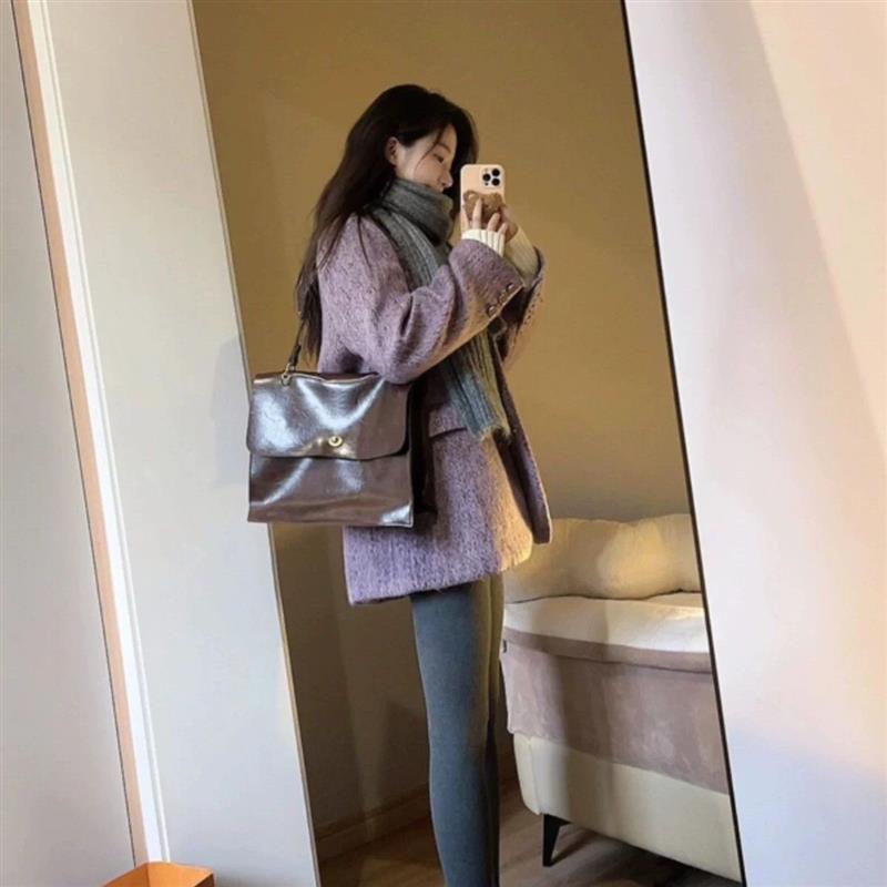 紫色西装呢子大衣女2024秋冬季新款毛呢外套高级感小个子韩系短款