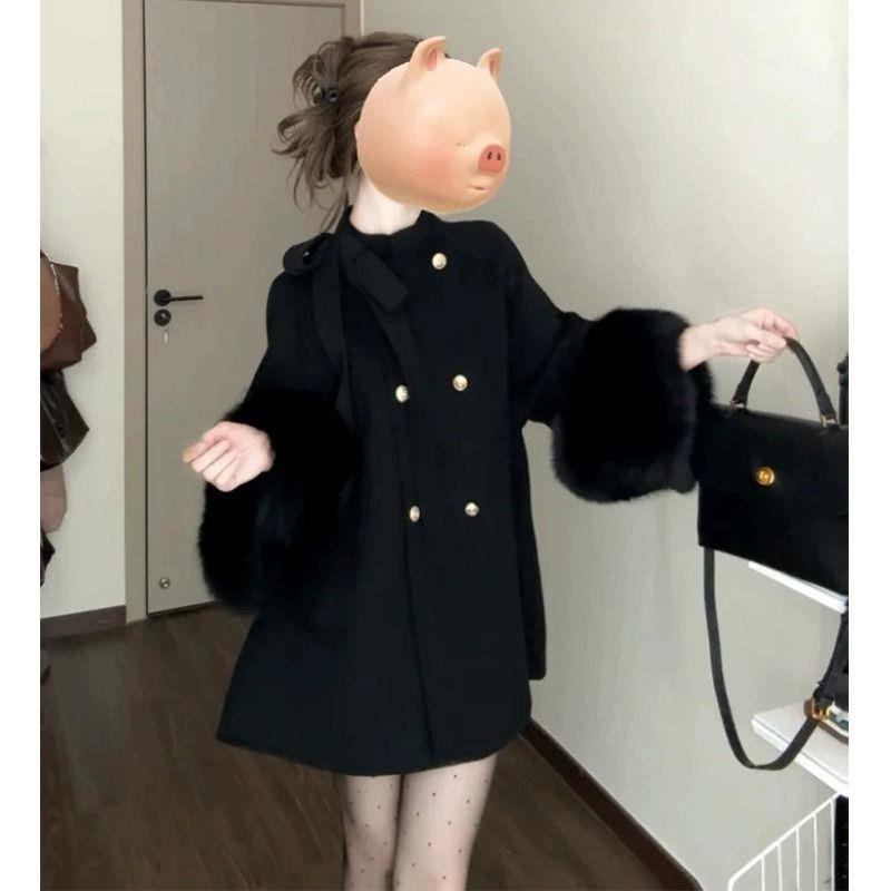 小香风赫本黑色毛呢外套女冬季大码胖mm高级感加厚中长款呢子大衣