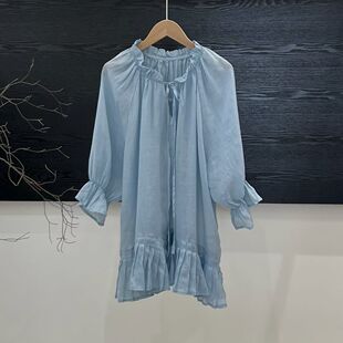韩国单 法式复古浪漫宫廷风优雅风琴褶皱下摆 苎麻大码衬衫女