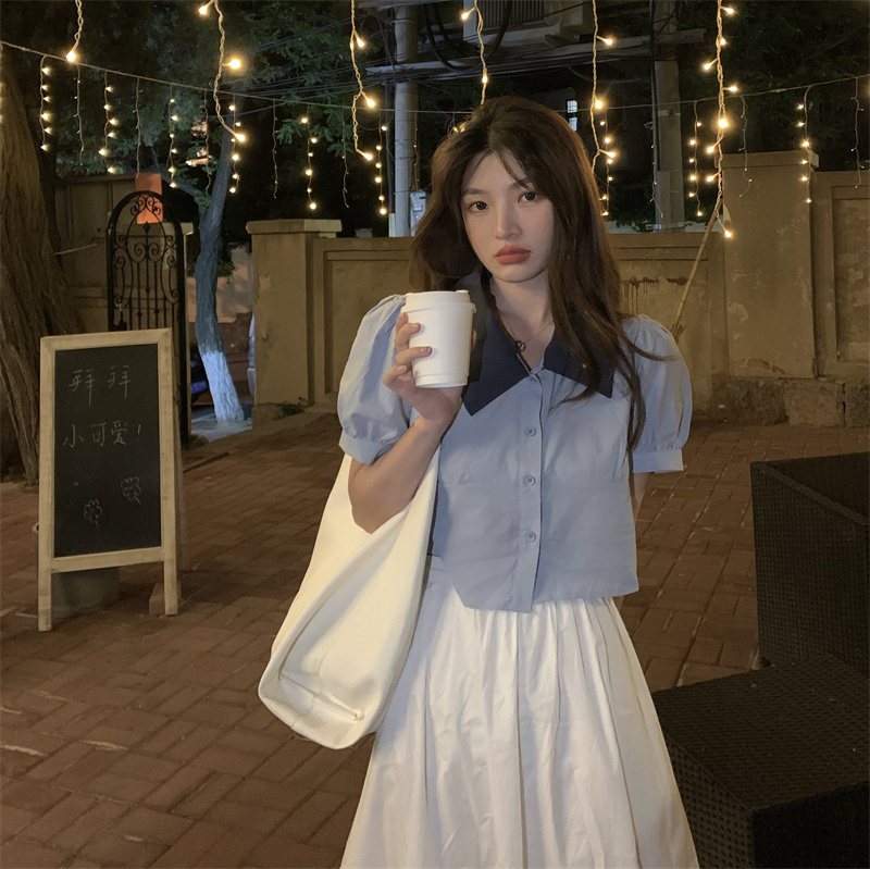 The real price is the real price; Bubble sleeve short short sleeve shirt contrast summer Korean French collar top