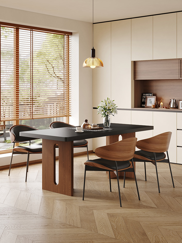 国补中古风岩板餐桌家用长方形桌子饭桌黑胡桃木纹岩板覆古餐桌椅