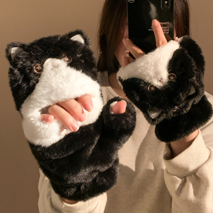 可爱黑猫咪翻盖半指毛绒手套女冬季 加绒加厚保暖防寒学生写字骑车