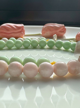 天然和田玉樱花粉薄荷绿项链8m珠