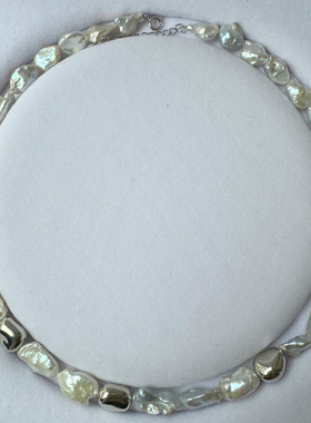 天然淡水项链女锁骨链不规则炫彩蓝大碎银珍珠项链