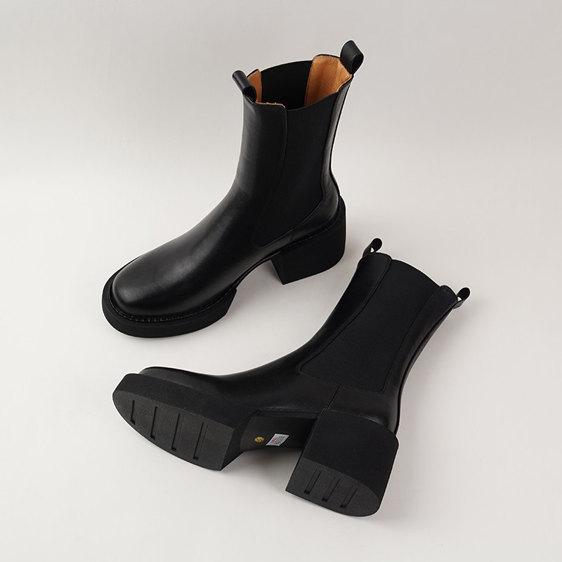 SMALL CARAT AUTUMN AND WINTER NEW LEATHER BOOTIES BLOCK HEEL HIGH HEELS PLATFORM SOLES CHELSEA BOOTS SMALL MID-RISE BOOTS MARTIN BOOTS