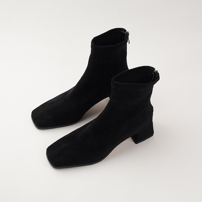SMALL CARAT AUTUMN AND WINTER STYLE LIGHT KHAKI SQUARE TOE BOOTS SKINNY BOOTS MID-HEEL BLOCK HEEL ELASTIC SOCK BOOTS AND FLEECE 5CM