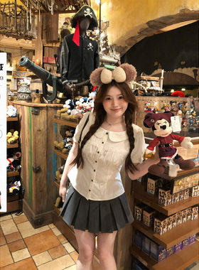 你的鱼 少女茶话会 韩系微胖mm春夏条纹蕾丝泡泡袖衬衫半裙套装