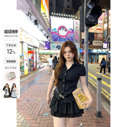你的鱼 韩女进阶 韩系微胖mm显瘦遮肚甜辣夏泡泡袖短衬衫蛋糕半裙