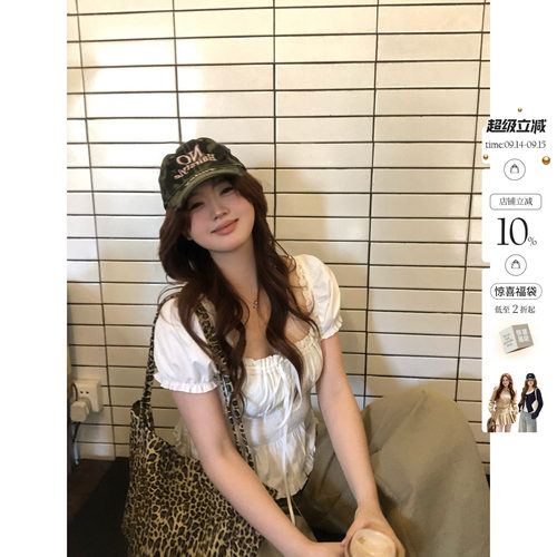 你的鱼 松弛智妍 韩系微胖mm春夏系带抽褶日常甜系休闲泡泡袖上衣